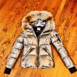 SAM. Metallic Gold Puffer Jacket with Fur Hood
